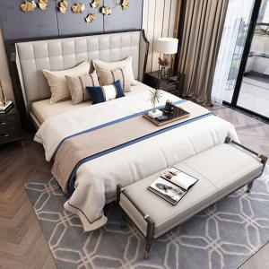 China Custom Hotel Bedroom Furniture Leather Solid Wood Bed Frame For Hotel Villa Home factory