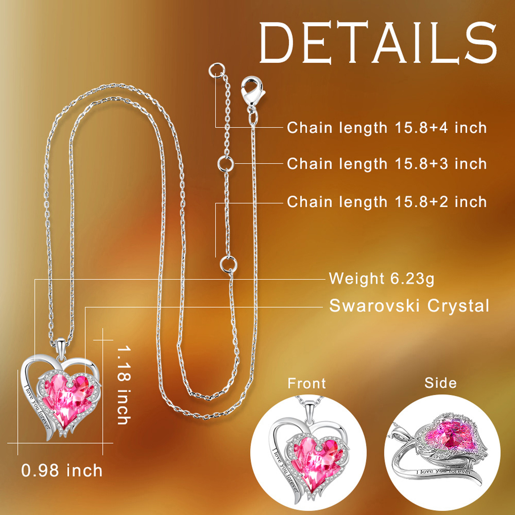 0.9x1.18in 0.22oz Love Heart Pendant Necklace SGS Trendy Crystal Heart Pendant