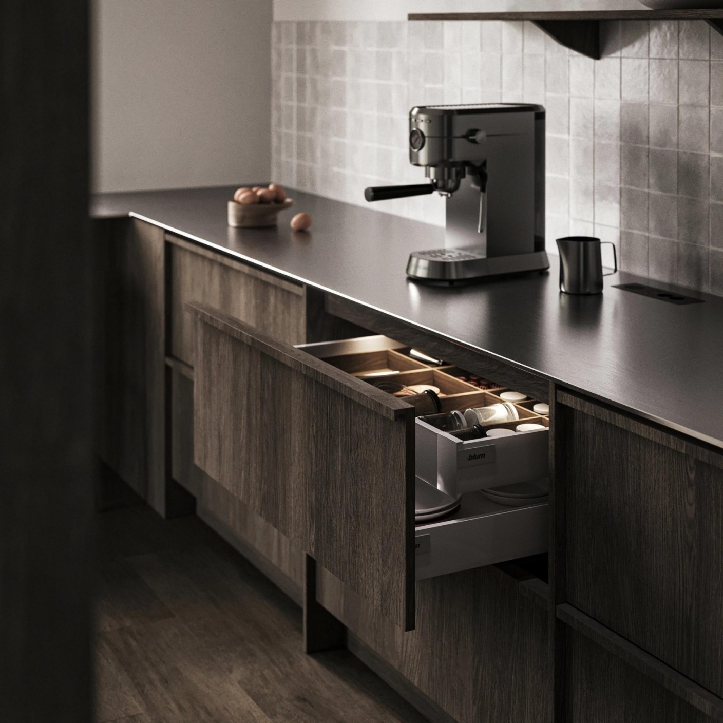 Custom Modern Skeleton Line Design Made Flat Wood Grain Finished Kitchen Cabinet Solid Wood Kitchen Cabinet