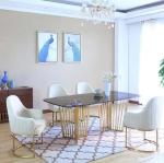 Luxury gold stainless steel dining chair baby pink velvet upholstery armrest