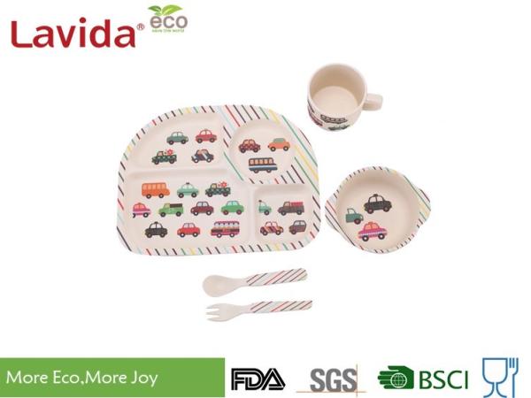 Colorful Cartoon Cars Style Bamboo Childrens Dinner Set , Reusable Baby Bamboo