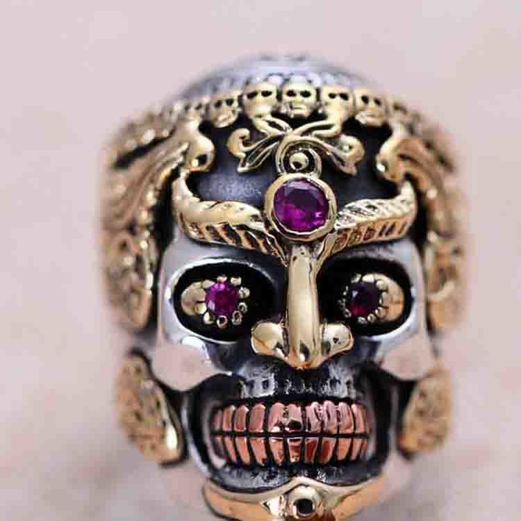 Men Jewelry Golden 925 Silver Two Tone Skull Retro Ring (048115)