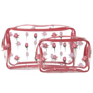 China Zippered Rose Pattern Transparent PVC Toiletry Bag For Travel factory