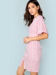 Fall Apparel For Women Rolled Up Sleeve Wide Waistband Plaid Dress