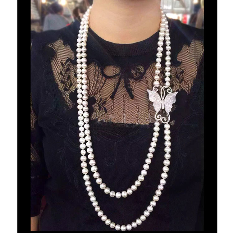 White Shell Pearl Double Strands Sweater Necklace with Cubic Zirocnia Butterfly Charm(SN702143BUTTERFLY)