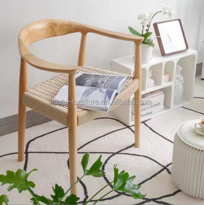 Home Furniture Modern North European Style Woven Cord Dining Chairs with Rubber Wood Frame