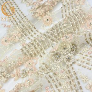 China Decoration Applique Lace Fabric Knitted Rhinestones Lace Applique Fabric factory