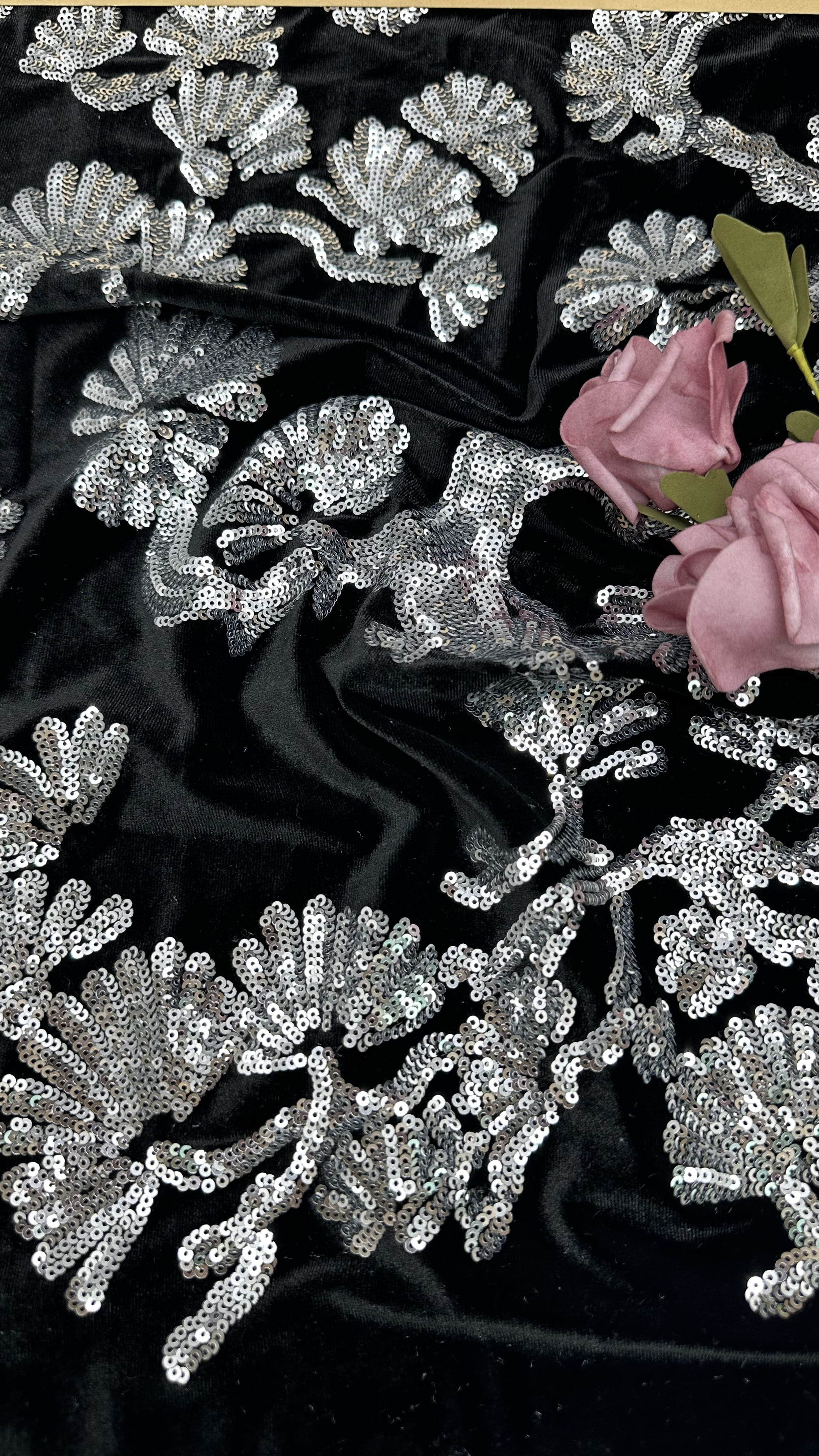 Leafy Black Flocked Tulle Lace Sequins Sliver Detailed Fabric For Statement Formal Dresses