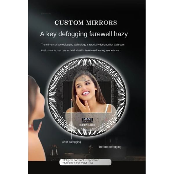 Simple flameproof Led Smart Touch Screen Anti-fog Round Sensor Mirror with Light(WH-MR-101)