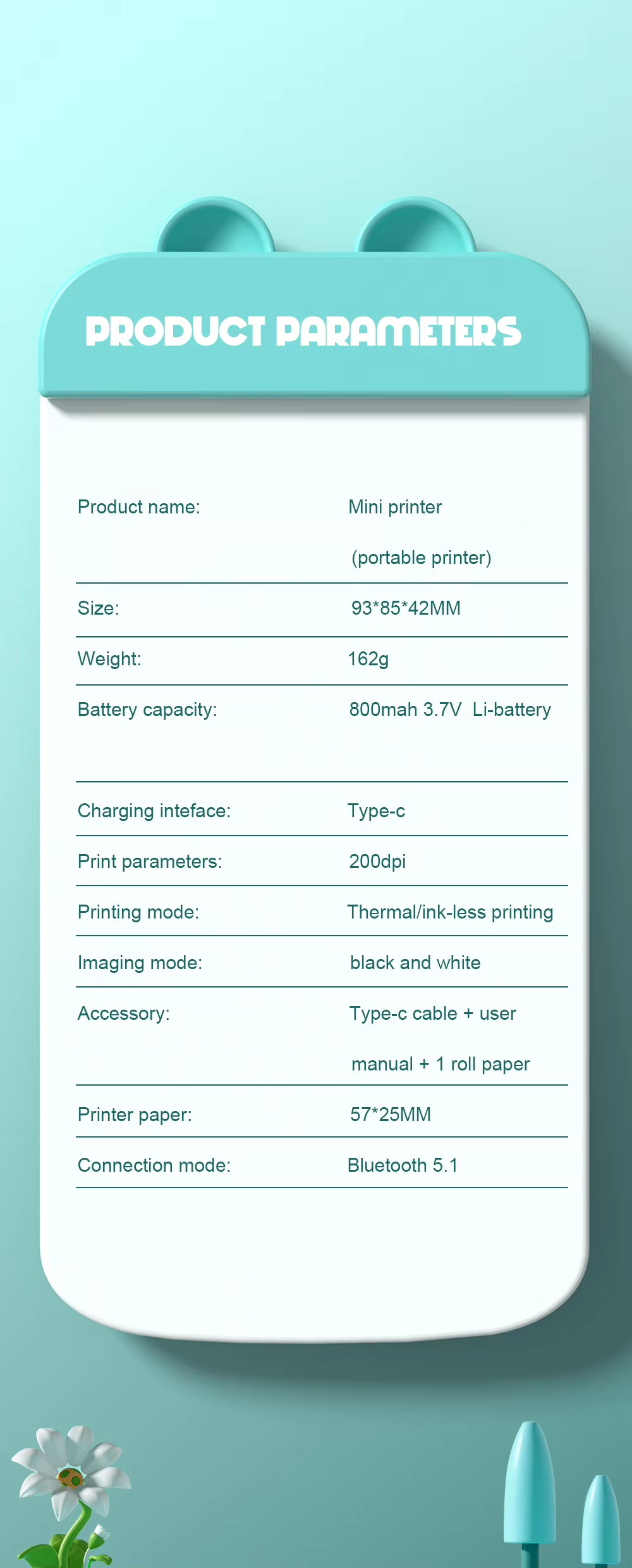 Compact BT Inkless Printer Mini 80mm Thermal Receipt Sticker