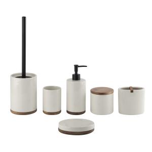 China Round shape ceramic bathrooom accessories with wooden base cream color ceramic soap dispenser factory