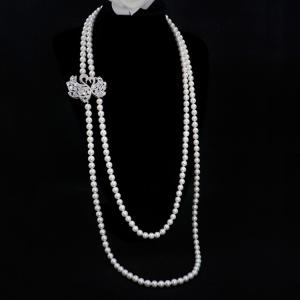 China White 8mm Shell Pearl Double Strands Sweater Necklace with Cubic Zirocnia Swan Charm (SN702143SWAN) factory