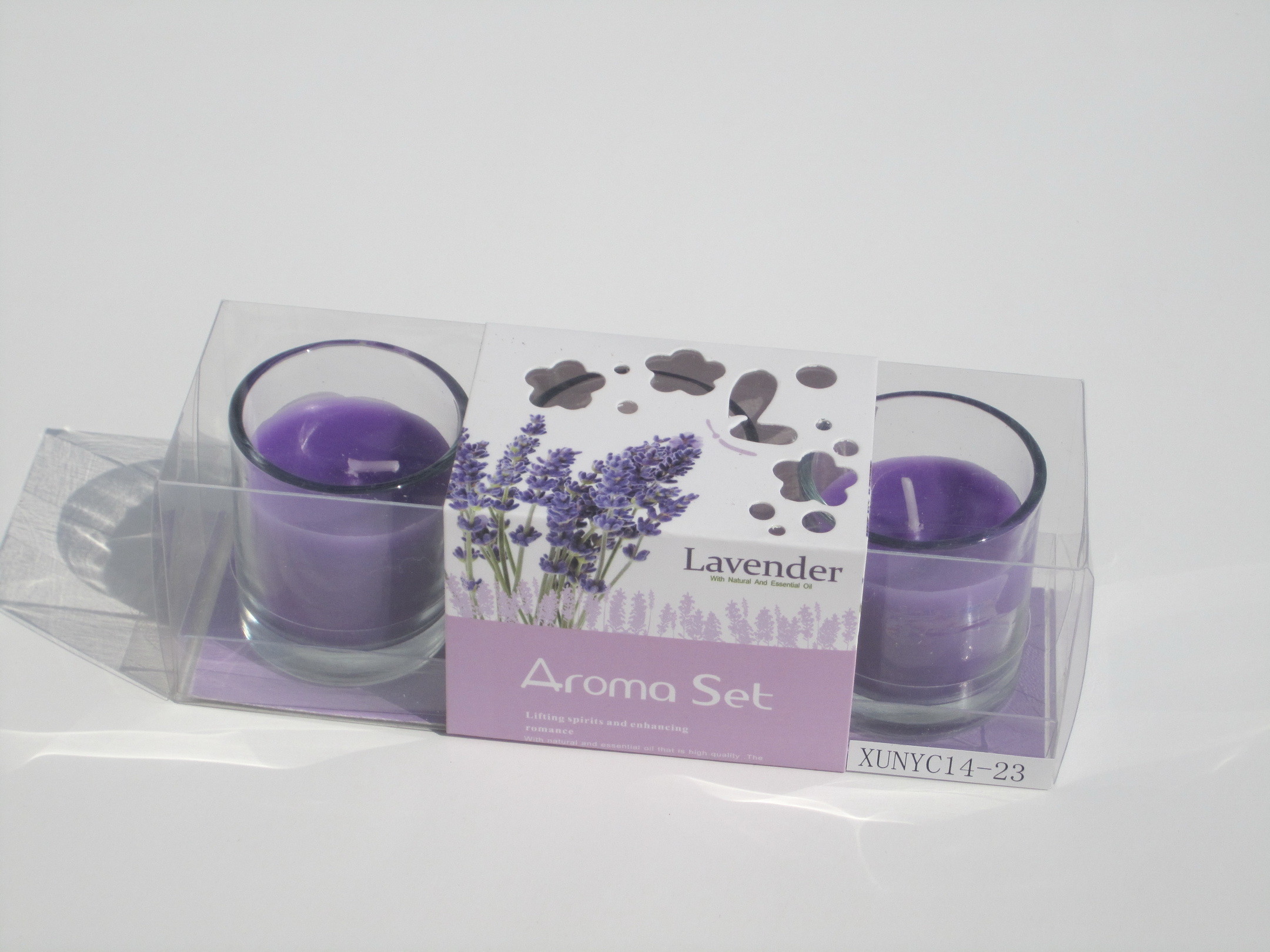 3pk purple lavender fragrance glass jar candle with printed wrapping label packed into clear box