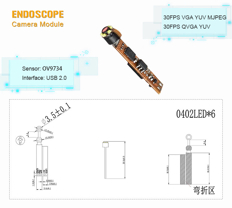 USB 3.5mm HD 1MP Endoscope Camera Module OV9734 For Android Windows