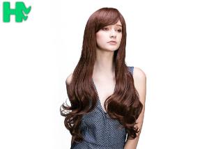 China Heat Friendly Fiber Hair Extra Long Synthetic Wigs , Brown Wavy Wig With Bangs factory