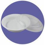 DISPOSABLE PLASTIC ROUND BOX, BLACK/WHITE BASE, WITH CLEAR LID/COVER, GOOD