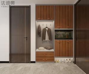 China Full-Stainless Steel Shoe Cabinet With Leather Handles And Storage In Warm Walnut Finish factory