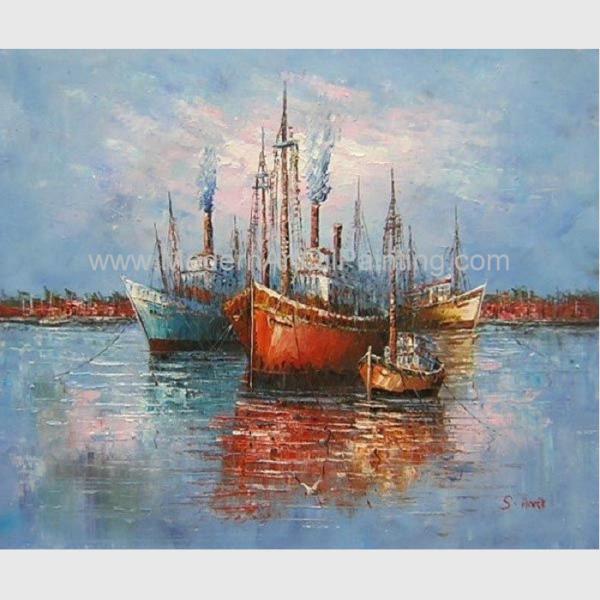 Thick Oil Abstract Sailboat Paintings / Hand Painted Boat Landscape Paintings