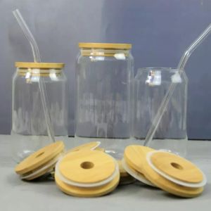 16oz Clear Mason Soda Juice Glass Jars With Bamboo Lids And Glass Straw