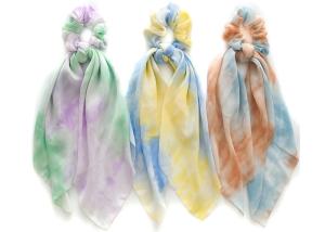 China Thin tie dyeing 2 in 1 rainbow bridal hair accessories streamer coil lady updo chiffon scrunchie headpiece wholesale factory