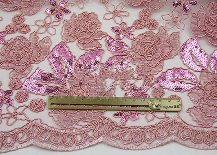 Embroidery Corded Pink Sequin Lace Fabric With Scalloped Edging For Party Gown
