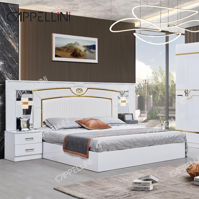 Luxury White Wood Double Leather King Size Bed Home Master Room Modern Wooden Frame Full Bedroom Furniture Set
