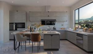 China Fadior Stone Texture Stainless Steel U-Shaped Kitchen With Curved Doors Design factory