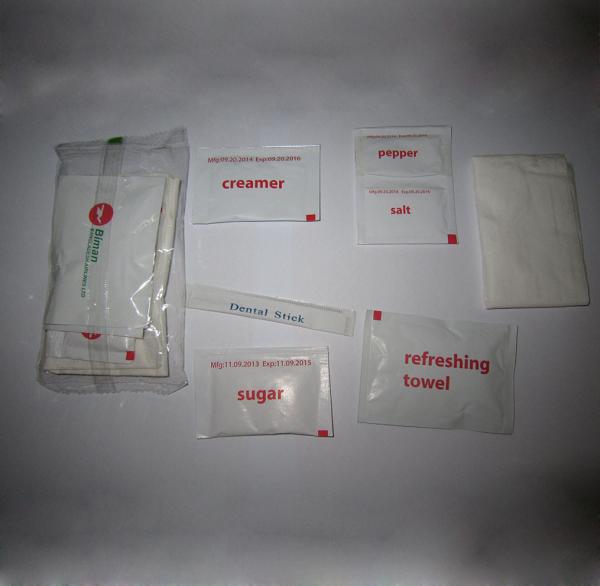 AIRLINE CONDIMENTS PACK, CONDIMENTS FOR AIRLIINE, SUGAR, SALT, PEPPER, CREAM,
