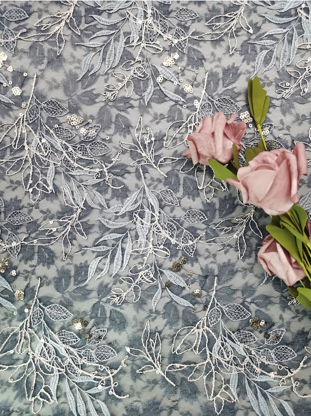 Blue Tulle Embroidered Lace Fabric Flower Lace With Sequins