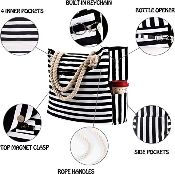 Custom Printed Waterproof Stripe Cotton Canvas Beach Bag With Grommet Rope Handle