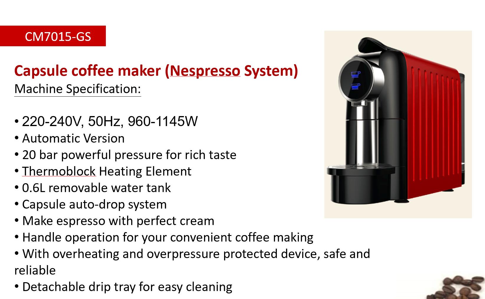 20 Bar Nespresso Capsule Machine 0.6L Removable Water Tank