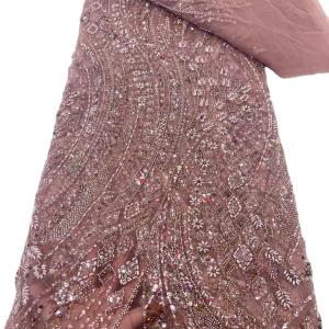 China Latest fashionable aso ebi beaded lace wedding dress with shiny beaded French mesh lace with colorful beaded factory