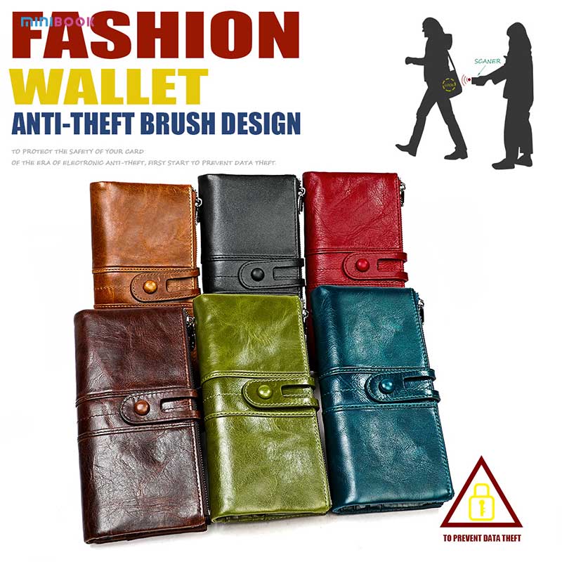 Gender Women Minibook Oil Wax Genuine Leather Wallet with Multi Card Slot and OEM/ODM