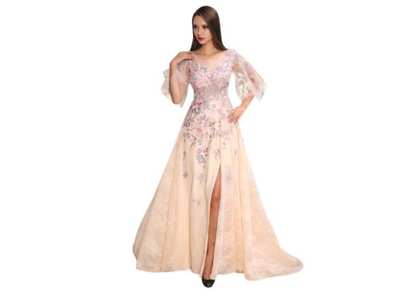 Flower Applique Long Sleeveless Evening Dress A - Line Dress For Wedding Or