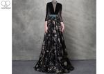 Birds Pattern Black Long Sleeve Ball Gown Blue Diamonds Beaded Back Hollow