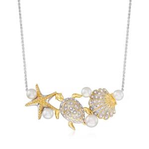 China 4-5.5mm Cultured Pearl and .14 ct. t.w. Diamond Sea Life Necklace in Sterling Silver and 18kt Gold Over Sterling Details factory