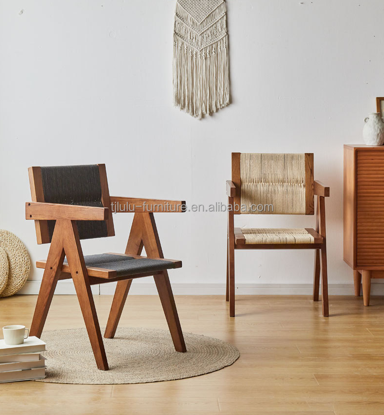 NO Folded Natural Nordic Solid Wooden Rope Woven Dining Chair For Restaurant Home Furniture