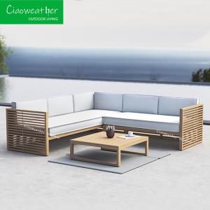 China Customized Color OutdoorFoam Water-resistant Fabric Cushion Teak Wood Outdoor Patio Furniture Waterproof Teak Garden Sofa Set factory