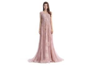 China Sleeveless Pink Lace Fancy Evening Dresses / Ball Gown Glamorous Evening Dresses factory