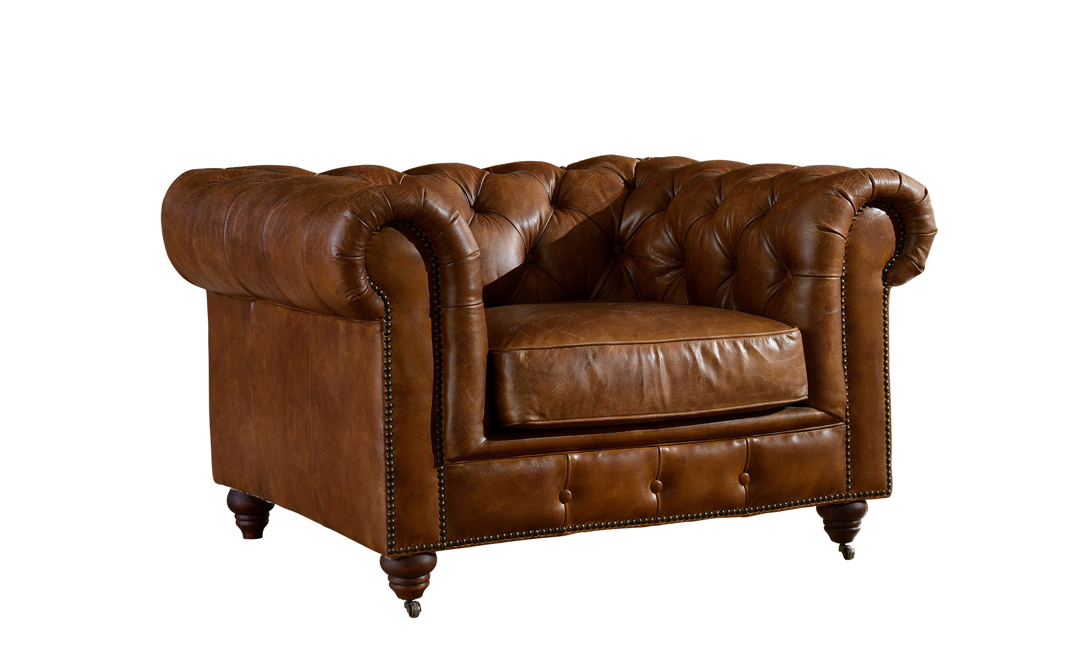 Full Top Grain Leather Chesterfield High Back Wing Chair , Brown Leather High Back Chair