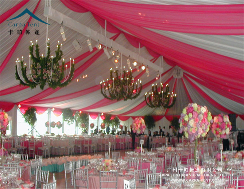 Huge Outdoor High Peak Pavilion Wedding Party Tent 25 X 30m Decorated With Curtains And Linings