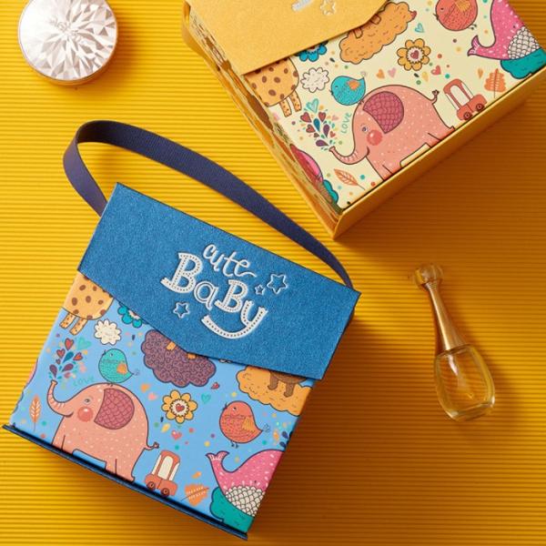 Cartoon flip gift box with artificial leather handle baby shower birthday gift