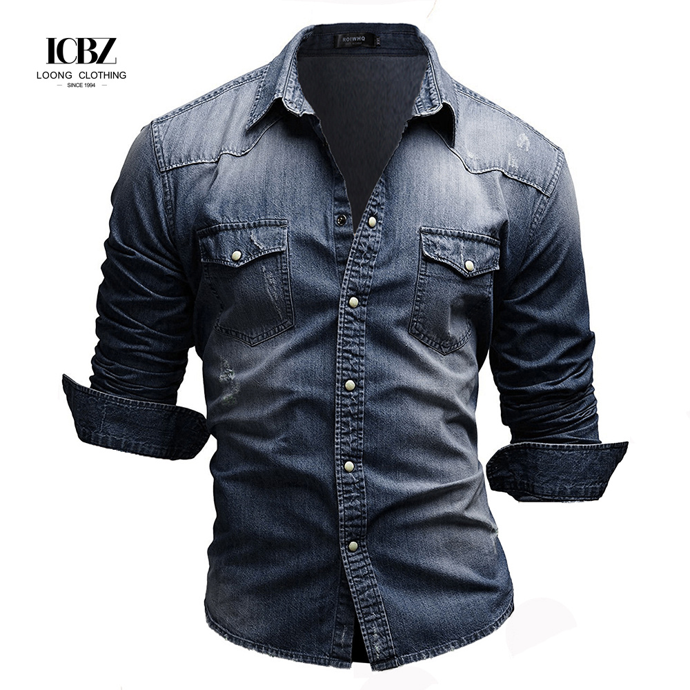 Men's Woven Denim Dress Shirts European Size Long Sleeve High Collar Cotton Shirt
