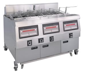 China Three Pots Six Baskets Electric Digital Computer Panel Open Deep Fryer With Oil Filtration factory