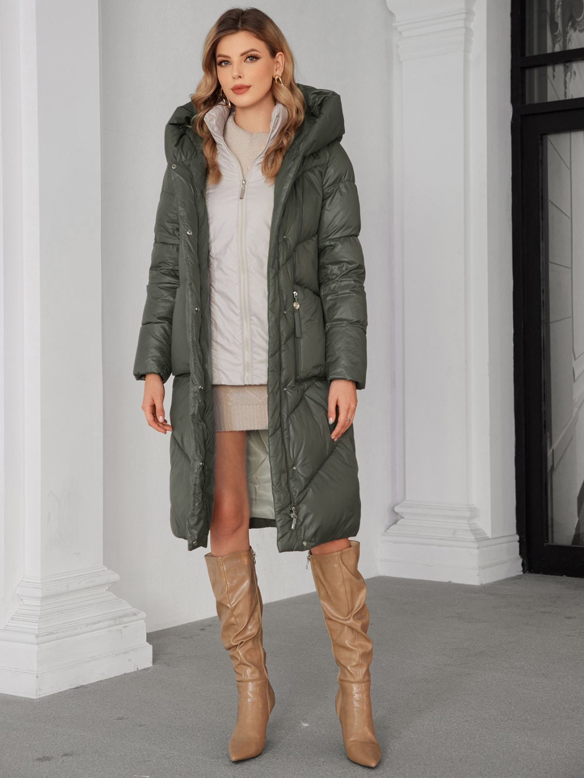 Detachable Lining Fashionable Thickened Down Jacket, long women coat，for cold winter, hooked,  machine washable, regular fit for daily wear