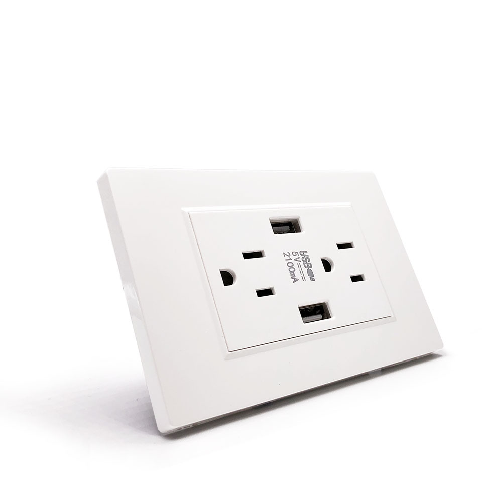 Double Power Point with Two USB Wall Socket Outlet ABS Material Rated Current 2.4v-3A