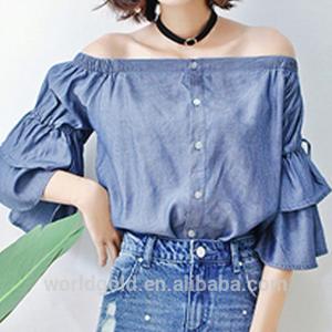 China Custom Women Bat Wing Off Shoulder Blouse Short Sleeves With Button Closure factory