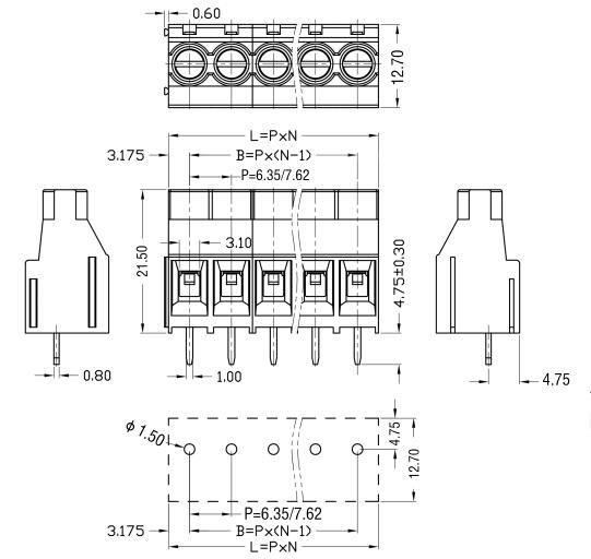 HQ635 2 Poles Busbar Pcb Screw Terminal Block 6.35/7.62mm Pitch