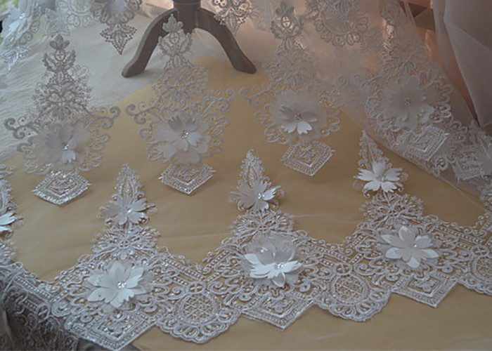 Ivory Embroidery Corded Sequin 3D Floral Lace Fabric For Bridal Wedding Dress