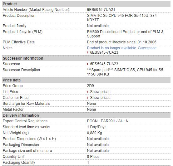 6ES5945-7UA23 6ES5 945-7UA23 Siemens Central Processing Unit